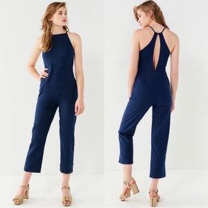 Urban Outfitters Linen Blend Hattie High Neck Jumpsuit Navy Sz 6 Pockets